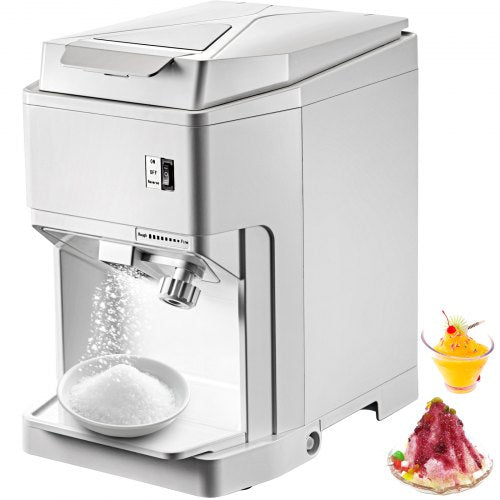 White Bostome electric ice shaver machine with hopper, controls, and shaved ice samples.