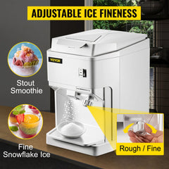 White Bostome electric ice shaver machine with adjustable fineness dial for fine snowflake or rough ice.