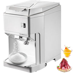 White electric ice shaver machine with hopper, controls, and shaved ice samples.