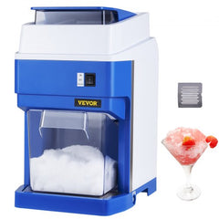Blue and white Bostome commercial ice shaver with shaved ice output and accessories.
