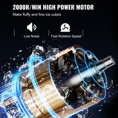 Close-up of a 300W high-power motor for a commercial ice shaver, showing its golden casing and fast rotation.