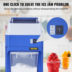 Blue Bostome commercial ice shaver machine with power switch and reverse function on a tabletop.