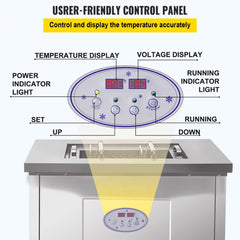 Commercial stainless steel popsicle machine with user-friendly control panel showing temperature and voltage displays.
