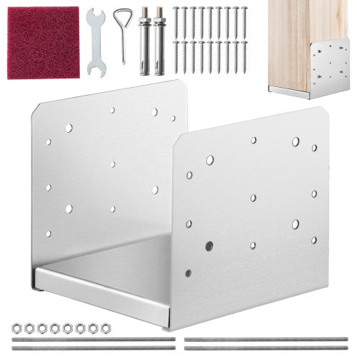 Stainless steel adjustable 8x8 post base anchor with mounting hardware kit.