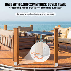 Stainless steel adjustable post base anchor with 0.9-inch thick cover plate protecting wood posts on a deck.