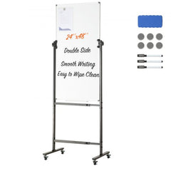 Double-sided 24x48 inch rolling magnetic whiteboard on casters with markers and magnets.