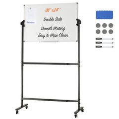 Double-sided 36x24 rolling magnetic whiteboard with adjustable height and smooth writing surface.