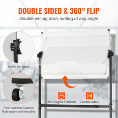 Double-sided 36x24 rolling magnetic whiteboard with adjustable height and smooth writing surface.