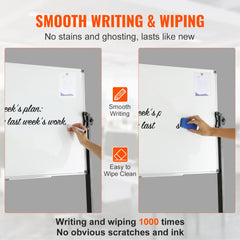 Double-sided 36x24 magnetic whiteboard on wheels with height adjustment and locking casters.