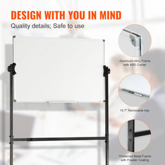 Double-sided 36x24 magnetic whiteboard on wheels with adjustable height and tiltable angles.
