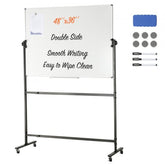 Double-sided 48x36 inch magnetic whiteboard on rolling stand with markers and eraser.