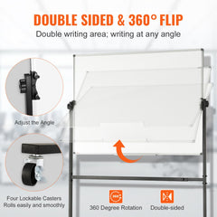 Double-sided 48x36 inch magnetic rolling whiteboard with 360-degree flip, adjustable angle, and lockable casters.
