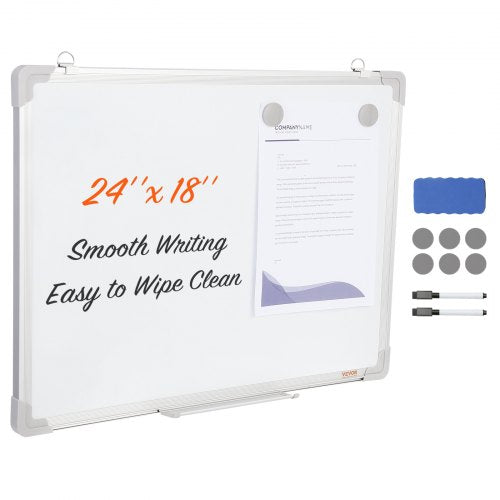 24x18 inch magnetic whiteboard with aluminum frame, markers, eraser, and magnets.