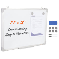 24x18 inch magnetic whiteboard with aluminum frame, markers, eraser, and magnets.