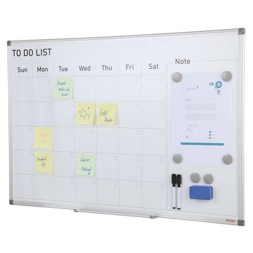 36x24 inch magnetic dry erase calendar whiteboard with weekly grid and note section.