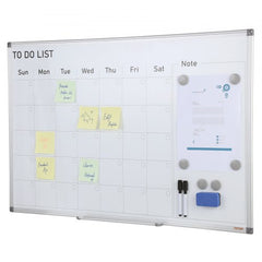36x24 inch magnetic dry erase calendar whiteboard with weekly grid and note section.