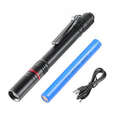 Black aluminum rechargeable penlight with 300 lumens and adjustable focus for versatile use.