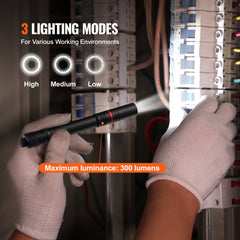 Black aluminum penlight with 300 lumens, adjustable focus, and Type-C charging port.