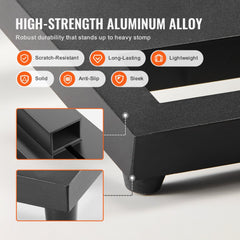 14x11 inch aluminum guitar pedalboard with high-strength frame, non-slip feet, and icons for scratch-resistant, long-lasting, and lightweight features.