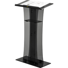 Black clear acrylic pulpit with slanted top and middle storage shelf, 47 inches tall.