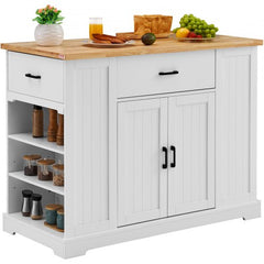 Bostome Kitchen Island Cart in wood and white with drawers and adjustable shelves for storage.