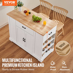Bostome Kitchen Island Cart in wood and white with drawers and adjustable shelves for storage.