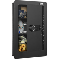 Black 3-tier wall safe with keypad, key lock, and shelves holding valuables and documents.