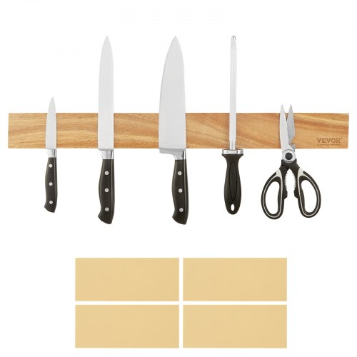Acacia wood magnetic knife holder with double-row strong magnets for secure wall storage.