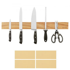 Acacia wood magnetic knife holder with double-row strong magnets for secure wall storage.