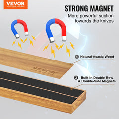 Acacia wood magnetic knife holder with double-row magnets for secure wall-mounted storage.