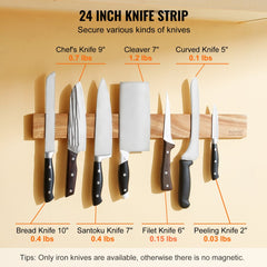 Acacia wood magnetic knife holder with double-row magnets for secure wall-mounted storage.