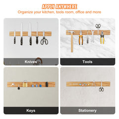 Acacia wood magnetic knife holder with double-row strong magnets for secure wall storage.