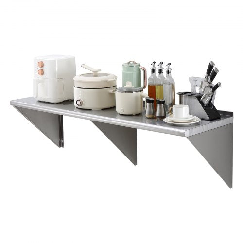 Stainless steel wall shelf measuring 18"x60" with a 450 lbs capacity and triangle support brackets.