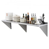 Wall-mounted stainless steel shelf, 18x72 inches, with brackets and kitchen items displayed.