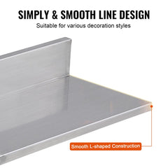 Stainless steel wall shelf set with backsplash, 16" x 8.6", designed for efficient storage.