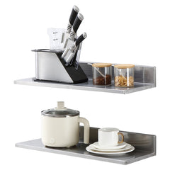 Stainless steel wall shelf set with backsplash, 24" x 8.6" size, designed for easy installation.