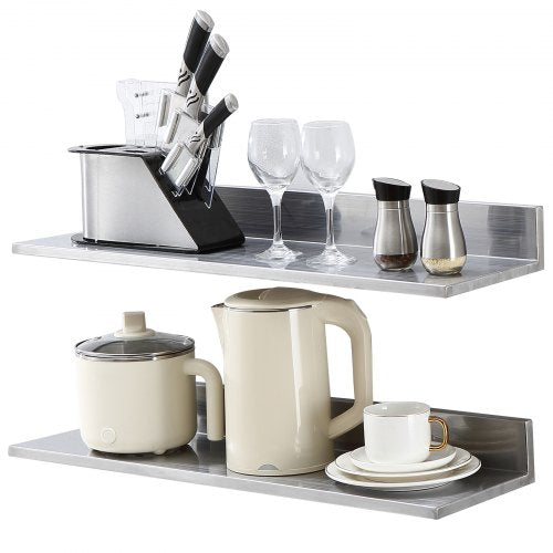 Stainless steel wall shelf with a brushed finish, 30" x 8.6", and L-shaped design for storage.