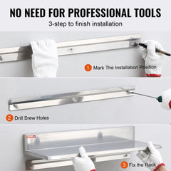 Stainless steel wall shelf with a brushed finish, 30" x 8.6", and L-shaped design for storage.