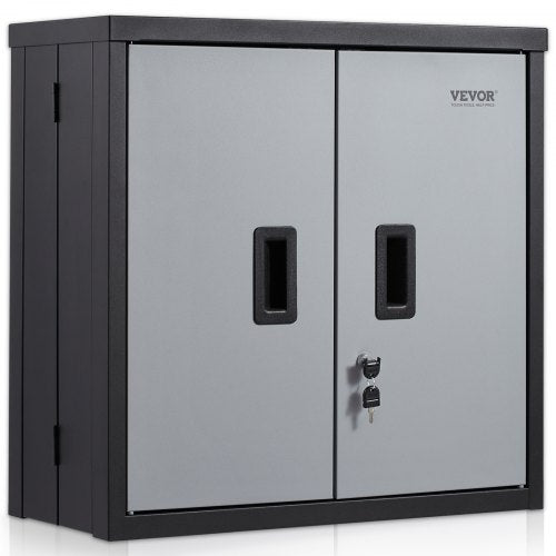 Black foldable wall cabinet made of steel with adjustable shelves and magnetic doors.