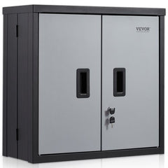 Black foldable wall cabinet made of steel with adjustable shelves and magnetic doors.