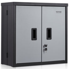 Black metal foldable wall cabinet with adjustable shelves and magnetic doors for garage storage.