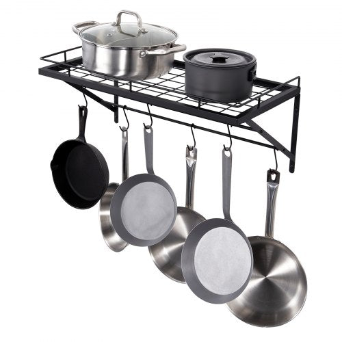 Bostome 24-inch wall-mounted pot rack in carbon steel with 12 hooks for cookware organization.