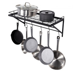 Bostome 24-inch wall-mounted pot rack in carbon steel with 12 hooks for cookware organization.