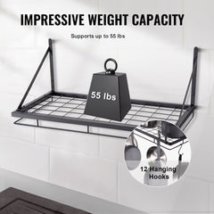 Bostome 24-inch wall mounted pot rack in carbon steel with 12 hooks for cookware organization.