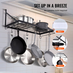 24-inch wall mounted pot rack in carbon steel with 12 hooks for hanging cookware.
