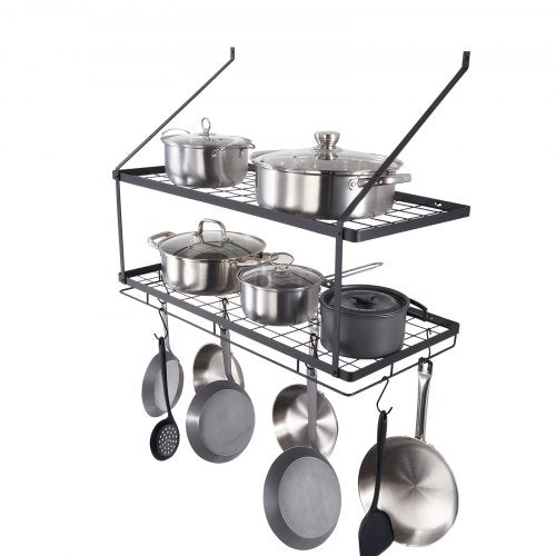 Wall mounted pot rack with 12 hooks and a 30-inch carbon steel frame for kitchen organization.