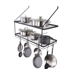 Wall mounted pot rack with 12 hooks and a 30-inch carbon steel frame for kitchen organization.