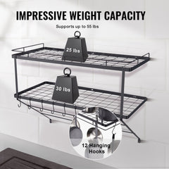 30-inch wall mounted pot rack in carbon steel with 12 hooks for pots and pans.