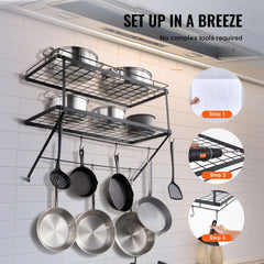 30-inch wall-mounted pot rack made of carbon steel with 12 hooks for hanging cookware.