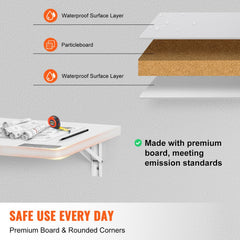 White wall-mounted folding table, 23.62x15.75 inches, with layered particleboard construction and rounded corners.